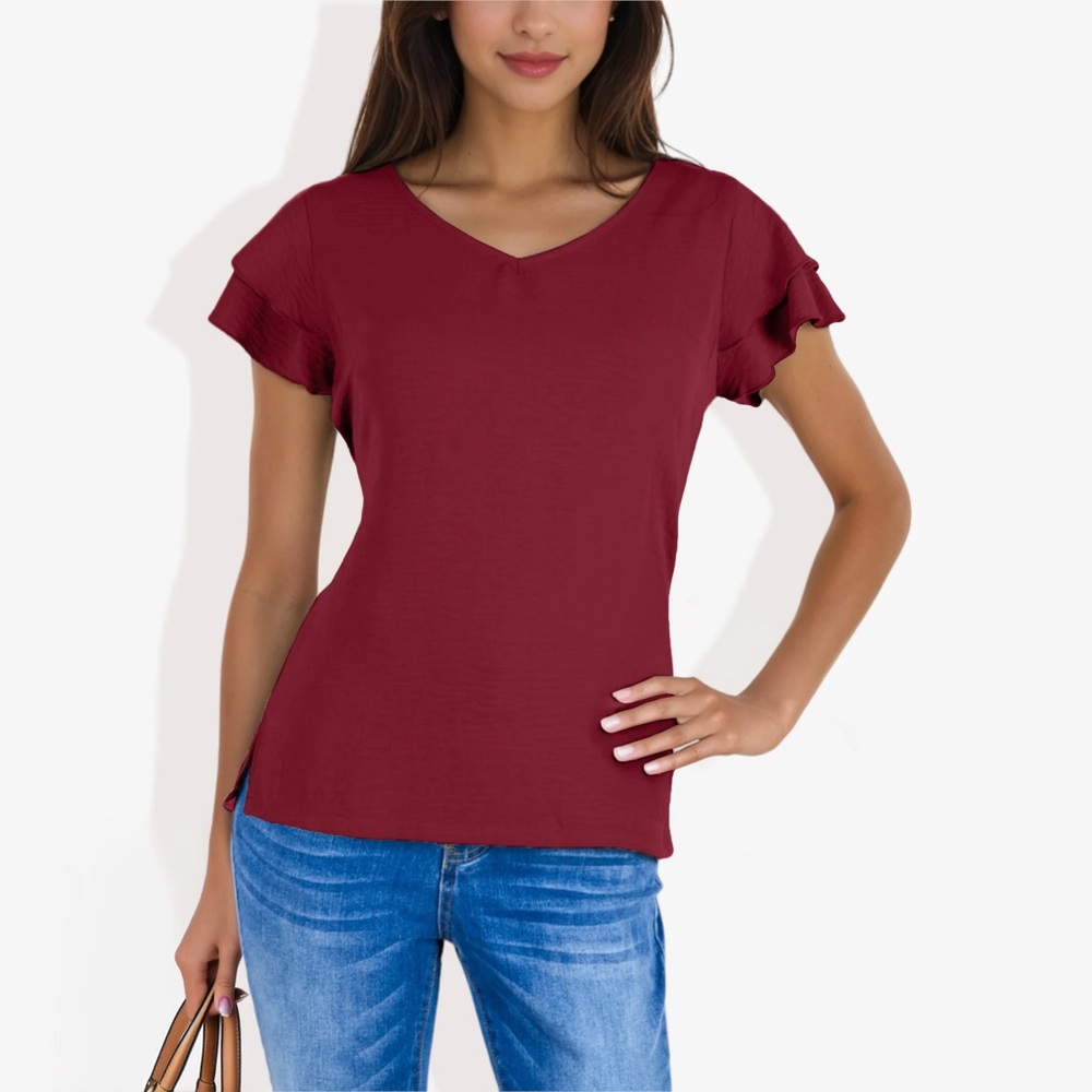 Anna-Kaci Short Sleeve V-Neck Blouse with Double Layered Ruffle Sleeves
